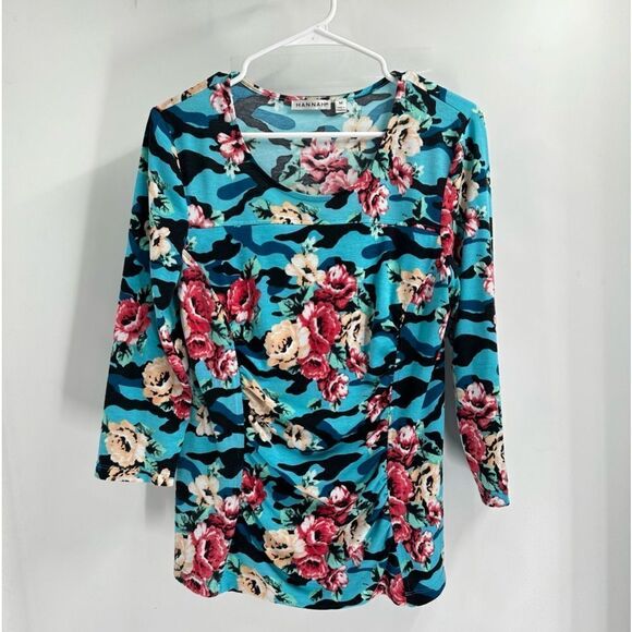Hannah 3/4 Sleeve Scoop Neck Multicolor Floral Print Ruched knit Top Size M - Picture 1 of 7